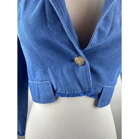 by Anthropologie Cropped Frayed Hem Blazer Blue Single Button Women's Size 2 - Picture 7 of 13